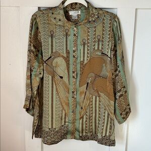 Citron Santa Monica Bird Motif Brown Green Pattern Button Blouse 100% Silk Large